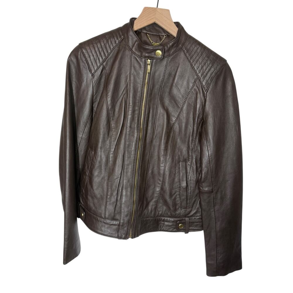 Cole Haan Lambskin Leather Moto Jacket Brown Gold Hardware Small